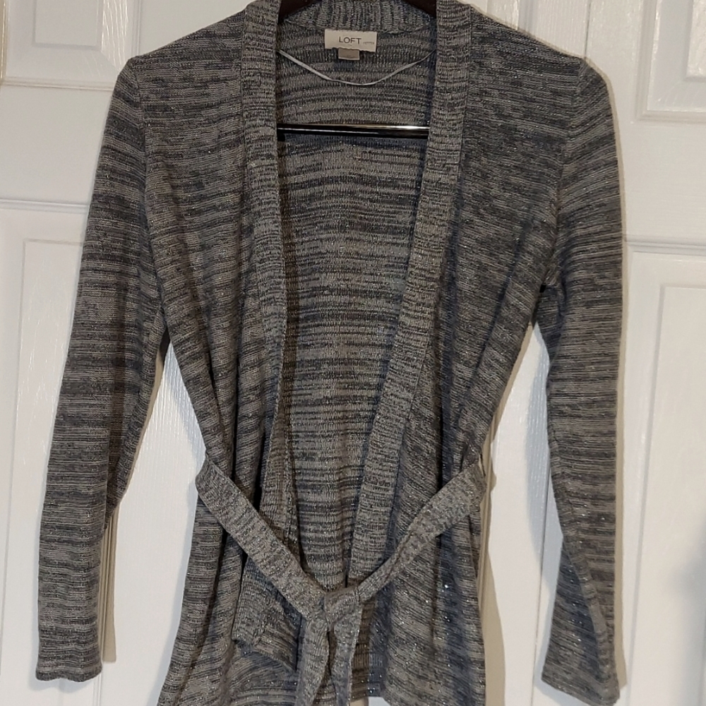 Ann Taylor Loft, Grey/Silver, XS, Knit Iridecent Cardigan/Sweater w/Tie